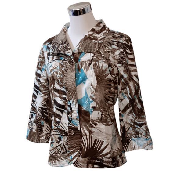 CHICO'S 2 Light Jacket Cute Buttons 12 LG Office Travel Leaves‎ Animal Turquoise - Picture 11 of 12